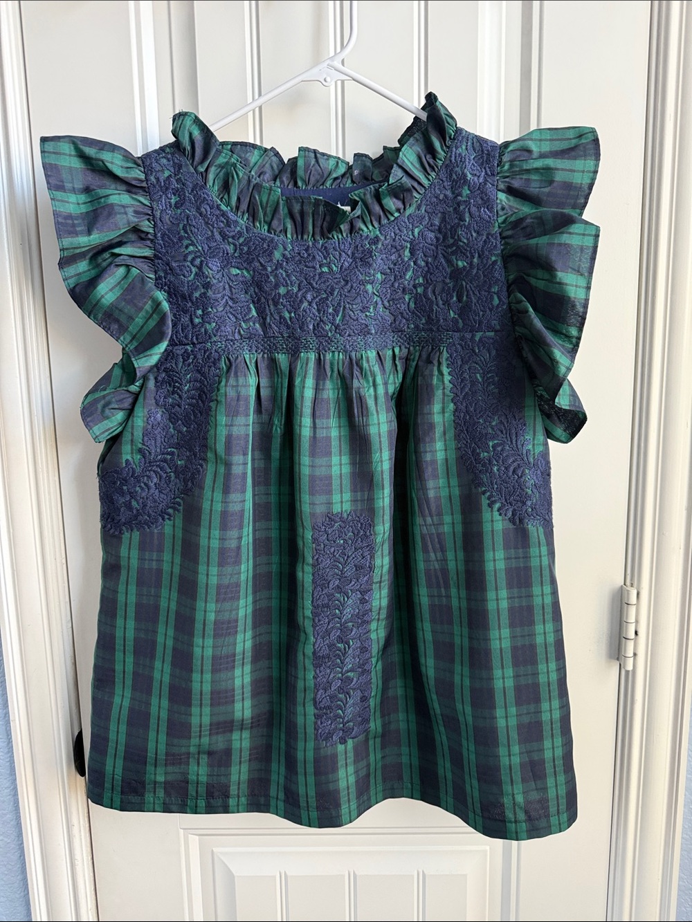 Girls' Green & Navy Plaid Ruffle Yoke Blouse